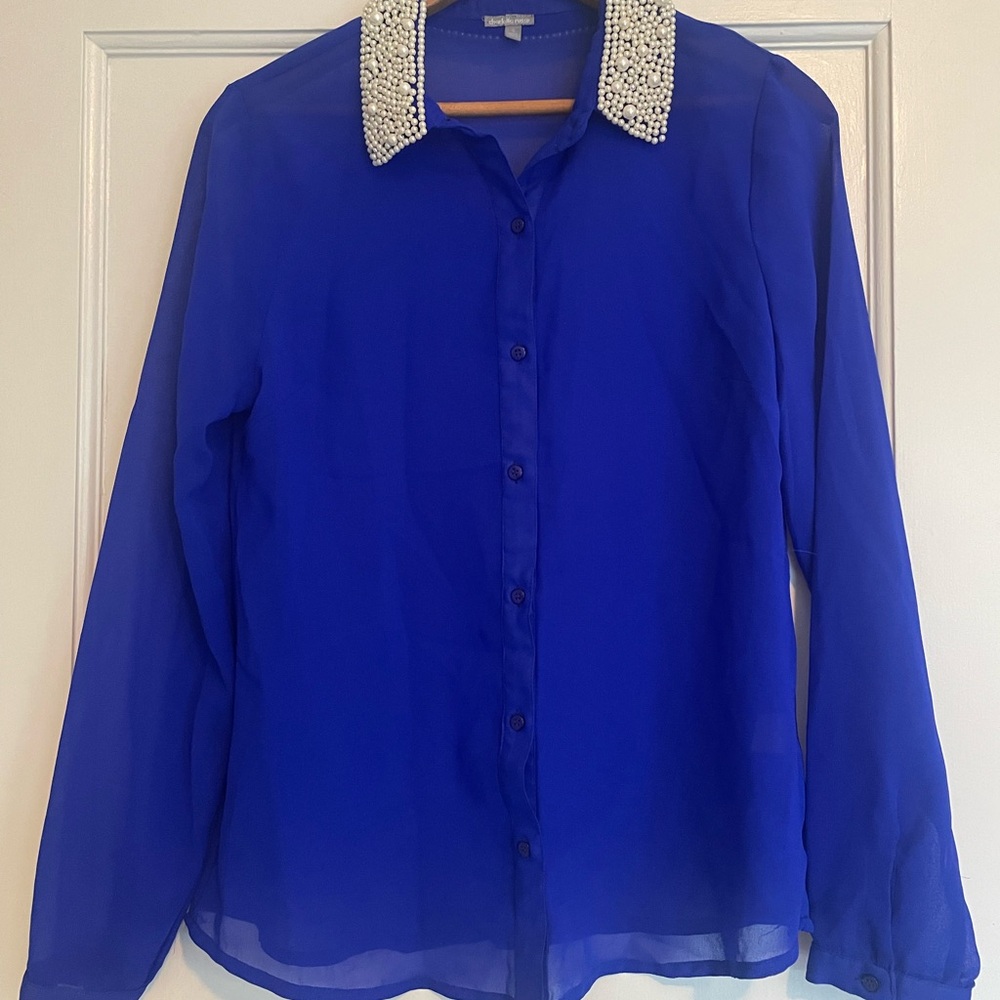 Cobalt Blue Sheer Women's Top with Pearl Embellished Collar | Size Small